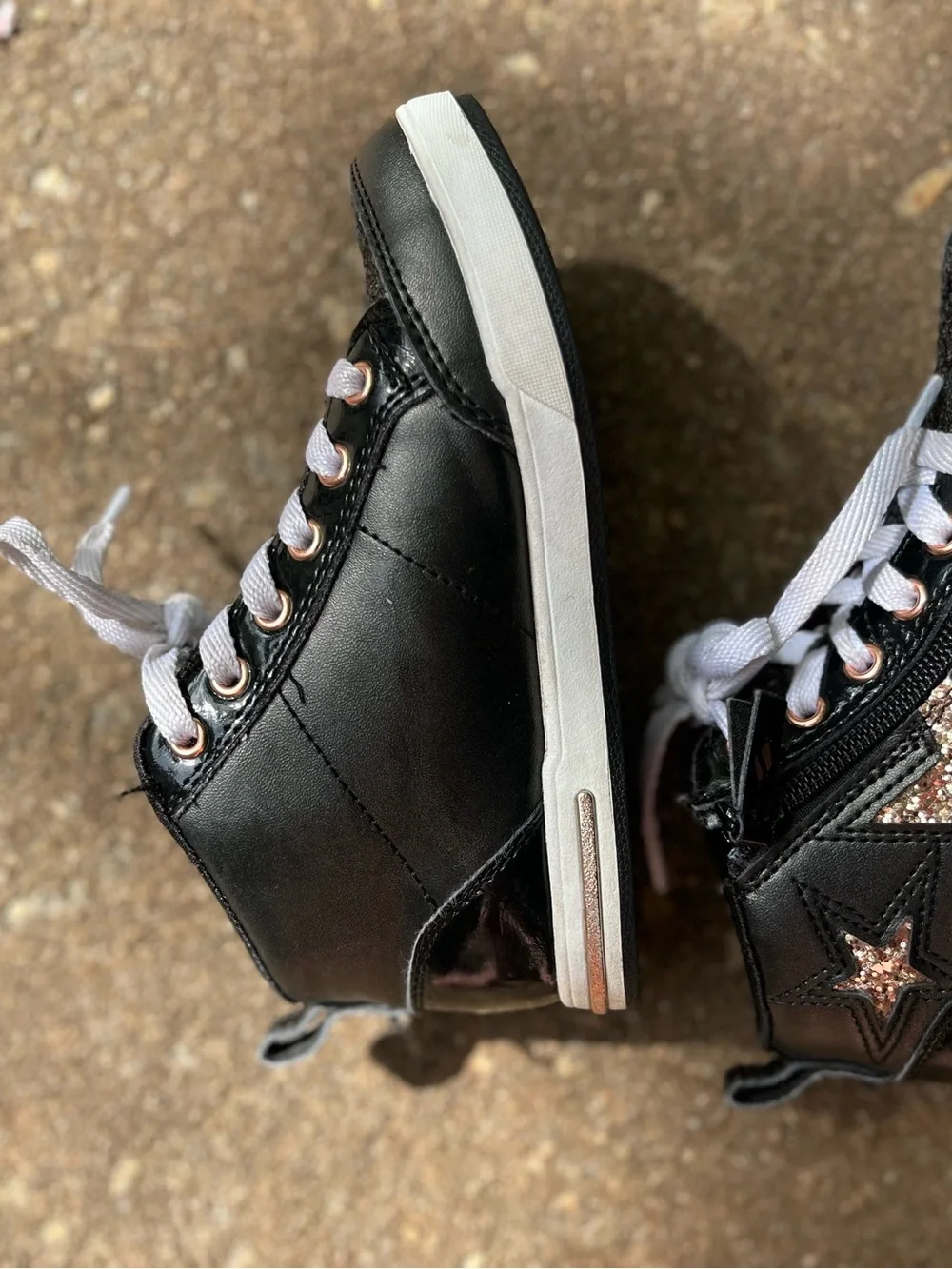 Skechers Kids Black High-Top Sneakers with Rose Gold Star Accents Size 12